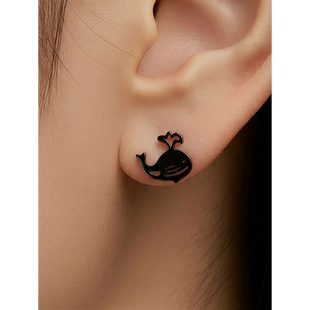 Black Whale Stud Earrings Stainless Steel Silhouette Ocean Animal Dainty